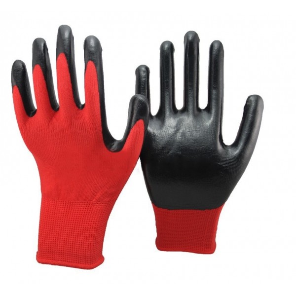 Перчатки нейлоновые красные с черным нитриловым покрытием